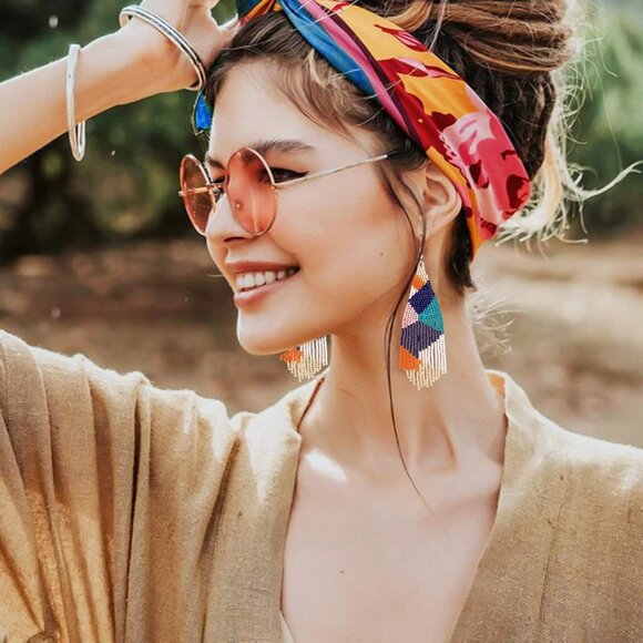 Long Beaded Drop Dangle Earrings Boho Native Handmade Seed Bead Tassel Earrings - Picture 5 of 6